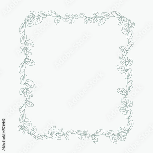 Silver floral rectangular frame decorated with hand drawn delicate eucalyptus branches. Vector isolated.
