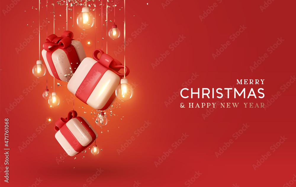 Merry Christmas and Happy New Year background. Realistic 3d Xmas design, falling gift boxes and golden confetti hanging on ribbon glass balls decoration light garland. Vector illustration - obrazy, fototapety, plakaty 