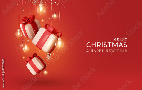 Merry Christmas and Happy New Year background. Realistic 3d Xmas design, falling gift boxes and golden confetti hanging on ribbon glass balls decoration light garland. Vector illustration