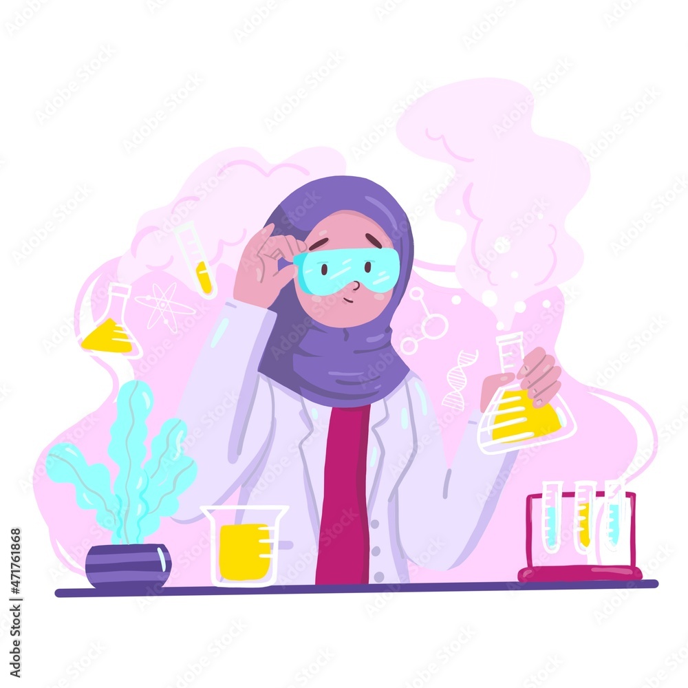 illustration of female scientist in hijab with laboratory equipment ornament illustration of female scientist in hijab with laboratory equipment ornament