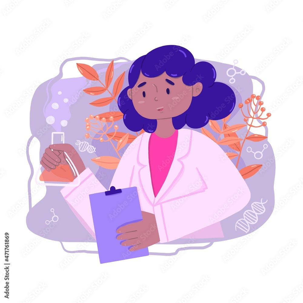 illustration of black women scientist with floral ornament behind illustration of black women scientist with floral ornament behind