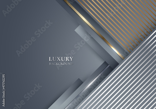 Abstract gray stripes triangles shapes with shiny golden and silver lines on grey background template luxury style