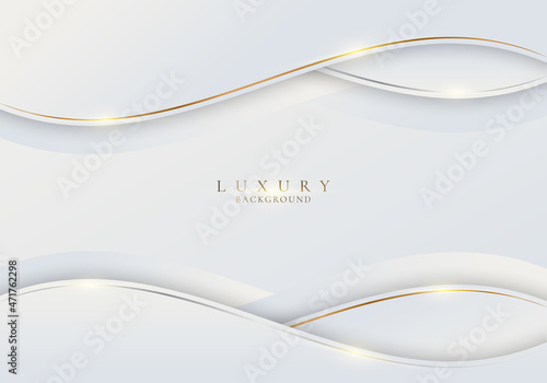 Abstract white wave shape with gold thread lines and lighting on clean background luxury style