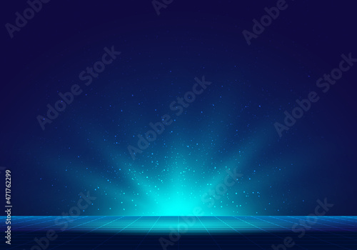 Abstract technology futuristic blue lighting rays rising explosion effect with perspective grid lines way forward background