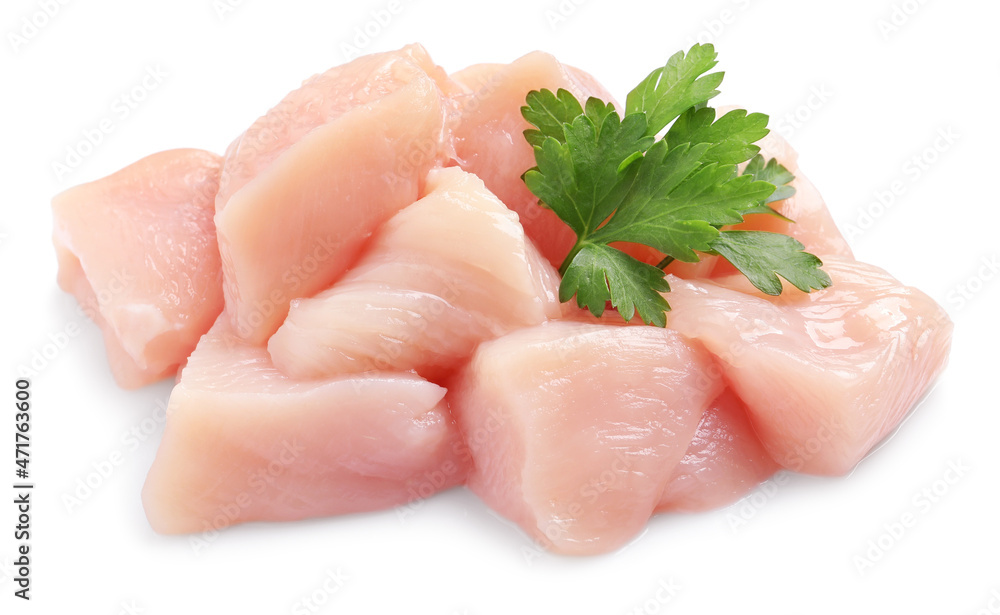 Cut raw chicken breast with parsley on white background Cut raw chicken breast with parsley on white background