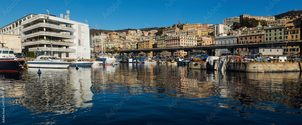 Picture of old port of Genova city at coast line at sunny day, Italy