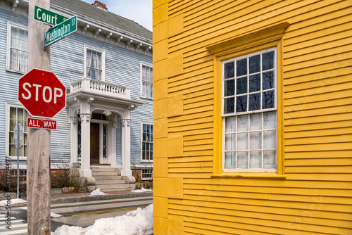 Street corner in the old historical center in Portsmouth NH
