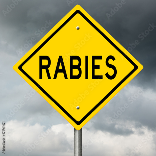 Rendering of a yellow highway sign with disease warning and black clouds in the background