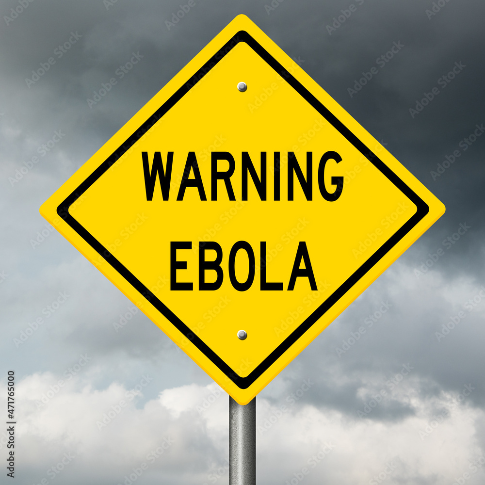 Rendering of yellow highway sign warning of Ebola with black clouds in background Rendering of yellow highway sign warning of Ebola with black clouds in background