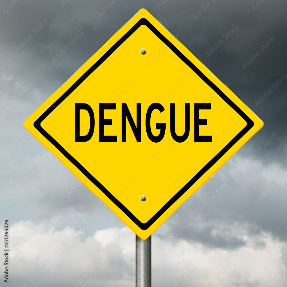 Rendering of yellow highway sign warning of dengue fever with black clouds in background Rendering of yellow highway sign warning of dengue fever with black clouds in background