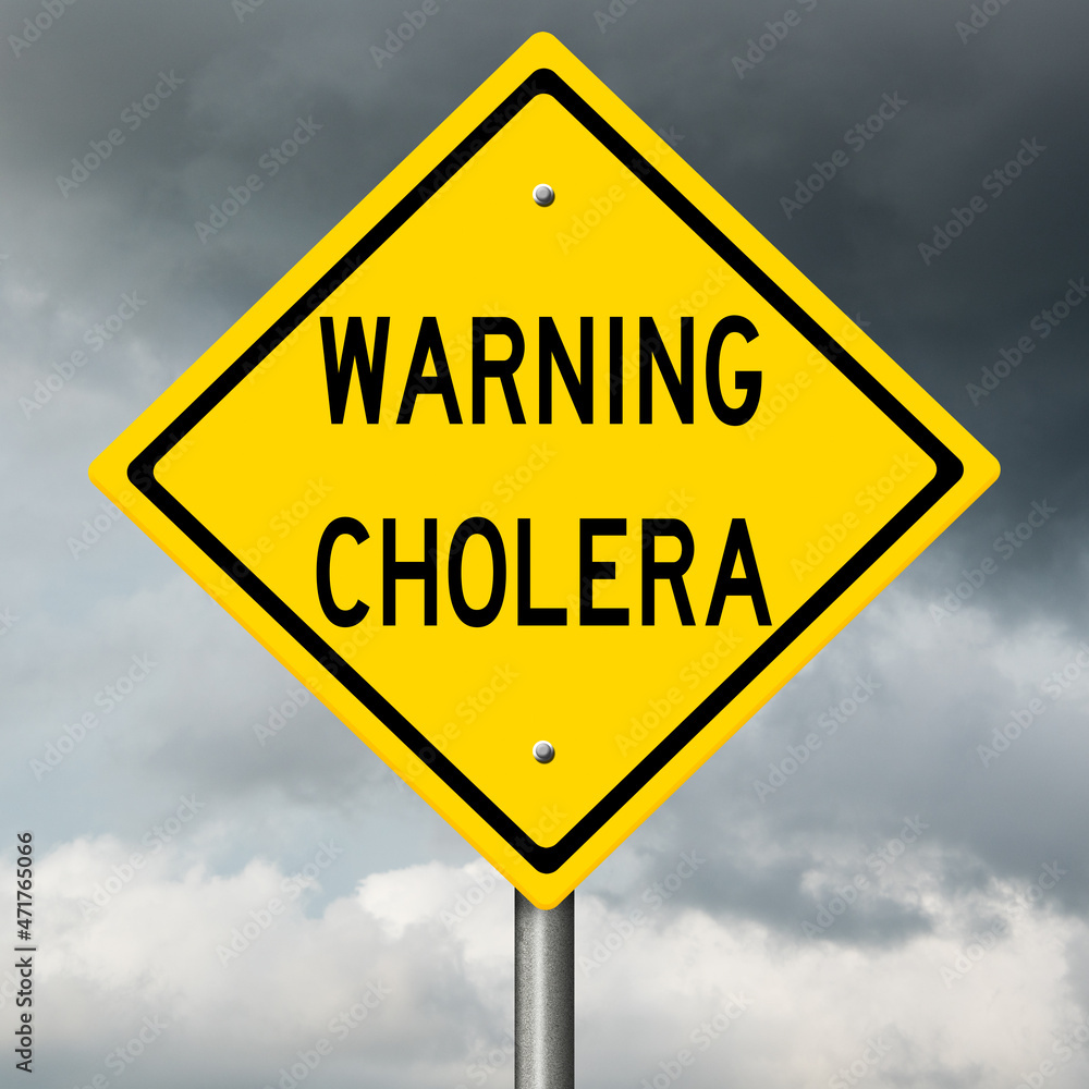 Rendering of yellow highway sign warning of cholera with black clouds in background Rendering of yellow highway sign warning of cholera with black clouds in background