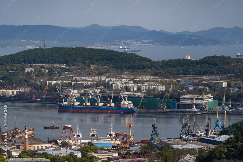 Cityscape with a view of the port of Nakhodka, Russia