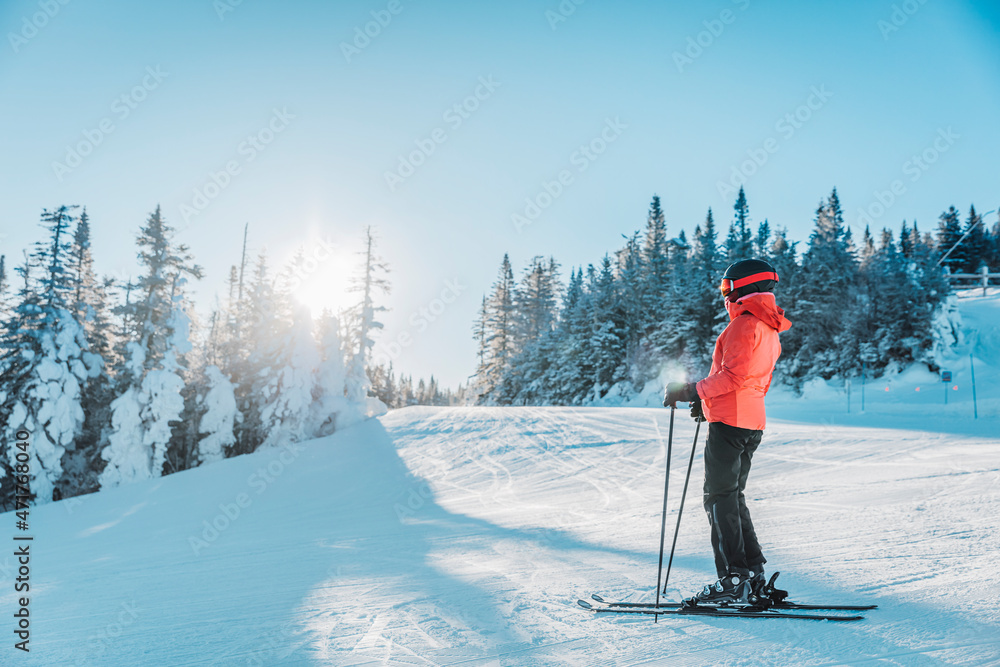Alpine Downhill Skiing. Ski portrait of woman alpine skier wearing skis, helmet, cool ski goggles and hardshell winter jacket and ski gloves on cold day by snow covered trees on ski trail slope - obrazy, fototapety, plakaty 
