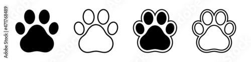 Dog and cat footprint vector icon set. Footprint pet. Paw prints. Black silhouette paw. Vector illustration