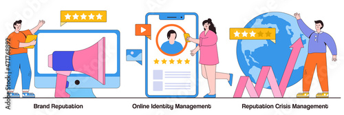 Brand reputation, online identity management, reputation crisis management concept with tiny people. Business public relations vector illustration set. Product presence, social network metaphor