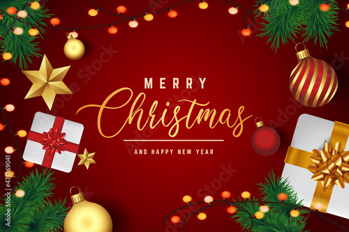 merry christmas background with gift box and ball lamp