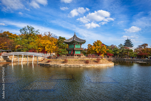 The pavilion in the middle in autumn.View in Gyeongbokgung palace seoul .South Korea. photo