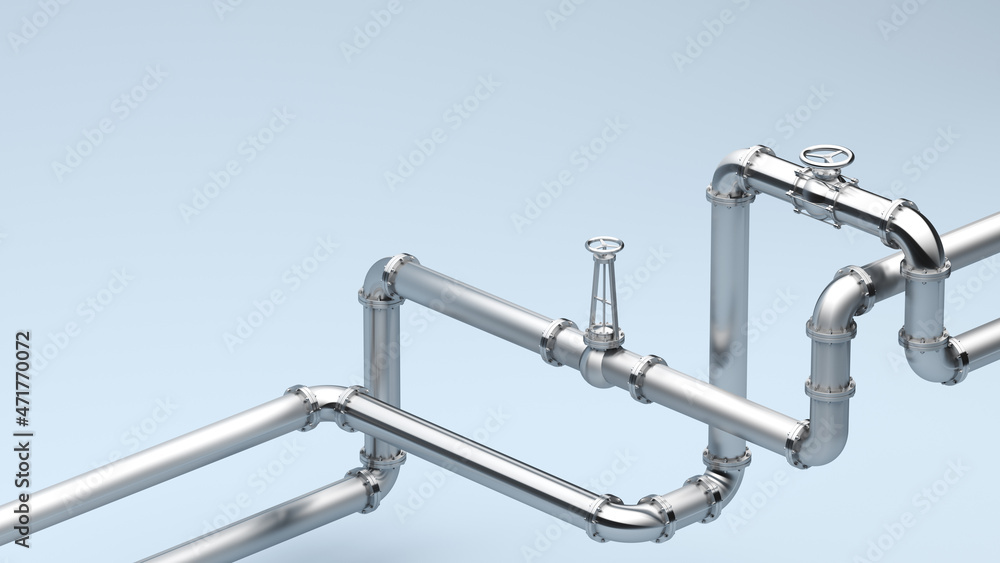 Steel pipes with a valve for gas and oil. Steel tubes concept, 3D rendering. Steel pipes with a valve for gas and oil. Steel tubes concept, 3D rendering.