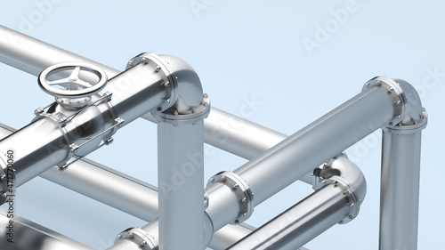 Steel pipes with a valve for gas and oil. Steel tubes concept, 3D rendering.