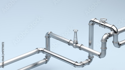 Steel pipes with a valve for gas and oil. Steel tubes concept, 3D rendering.