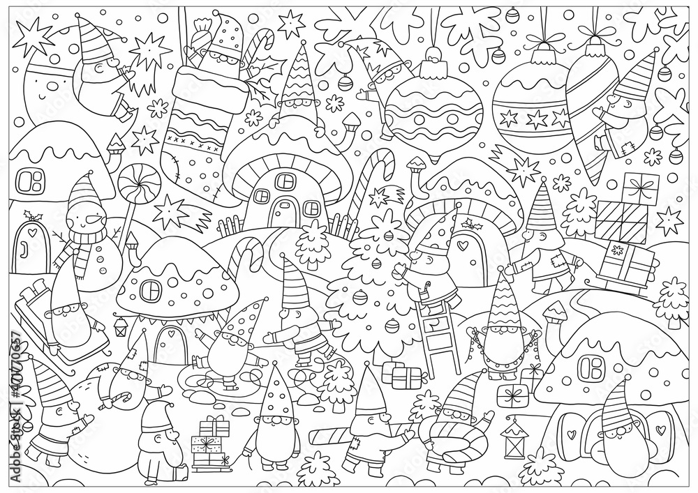 Merry Christmas and Happy Holidais coloring page. Cute cartoon Christmas gnomes in doodle style. Printable Christmas coloring book
