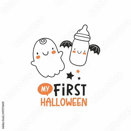 My First halloween - cute vector print for newborn. Halloween character and lettering