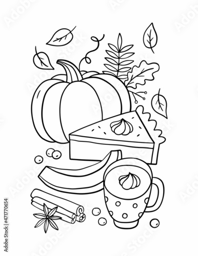 Happy Thanksgiving day - coloring page. Printable coloring page in doodle style