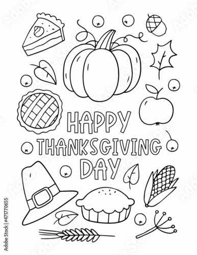 Happy Thanksgiving day - coloring page. Printable coloring page in doodle style