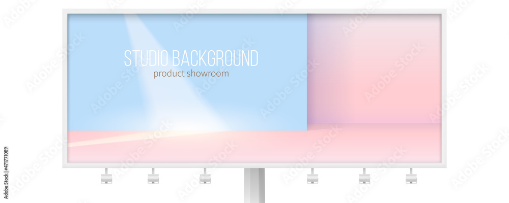 Billboard with studio for product display. Ray of light on the blue wall. Geometric background.