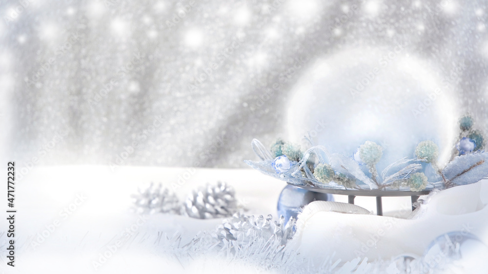 Fantasy Winter Concept on silver and blue Christmas Decoration Background Fantasy Winter Concept on silver and blue Christmas Decoration Background