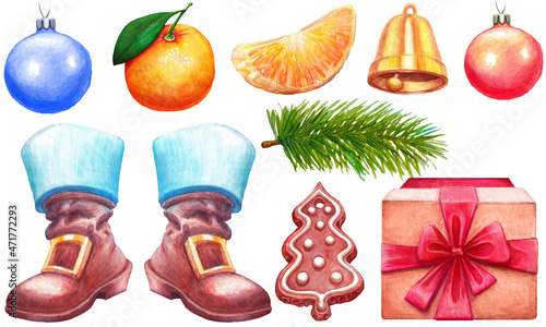 Christmas watercolor illustration set gift box, santa boots, xmas ball, golden bell, gingerbread and christmas fir tree
