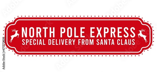 Christmas stamp design for handmade gifts and greeting cards. North pole express text and reindeers. Vector illustration on white background.