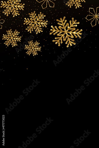 Christmas postcard with black background, concept happy new year, golden snowflakes, festival, wallpaper