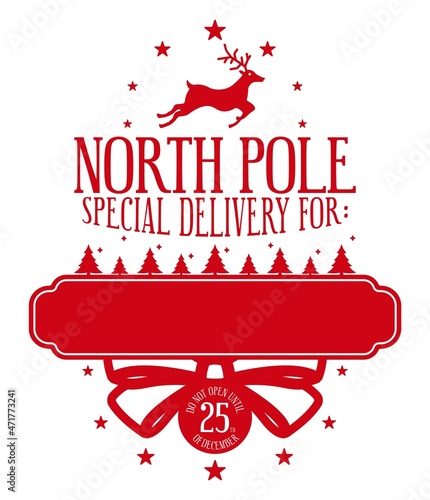 Christmas design for a personalized gift bag from Santa Claus. North Pole special delivery. Template for xmas handmade gifts. Vector illustration on white background