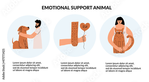 The concept of emotional support by animals. Mental health therapy infographics. Vector illustration in hand drawing style.