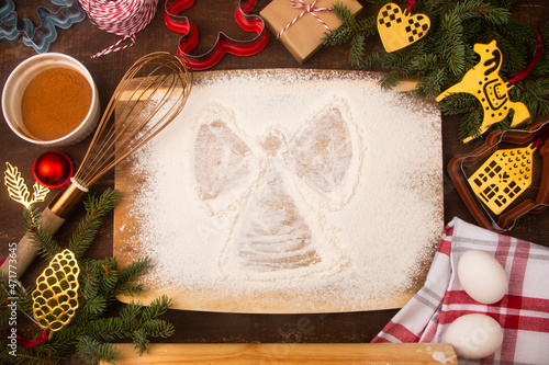 Top view flatlay digital background template. Snow angel cookie shape