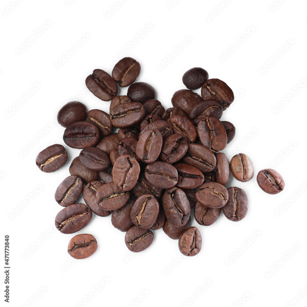 Pile of roasted coffee beans on white background, top view Pile of roasted coffee beans on white background, top view