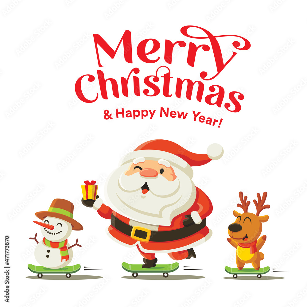 Merry Christmas and happy new year greeting with cute Santa Claus, snowman  and reindeer riding skateboard. Holiday in winter season Stock Vector |  Adobe Stock