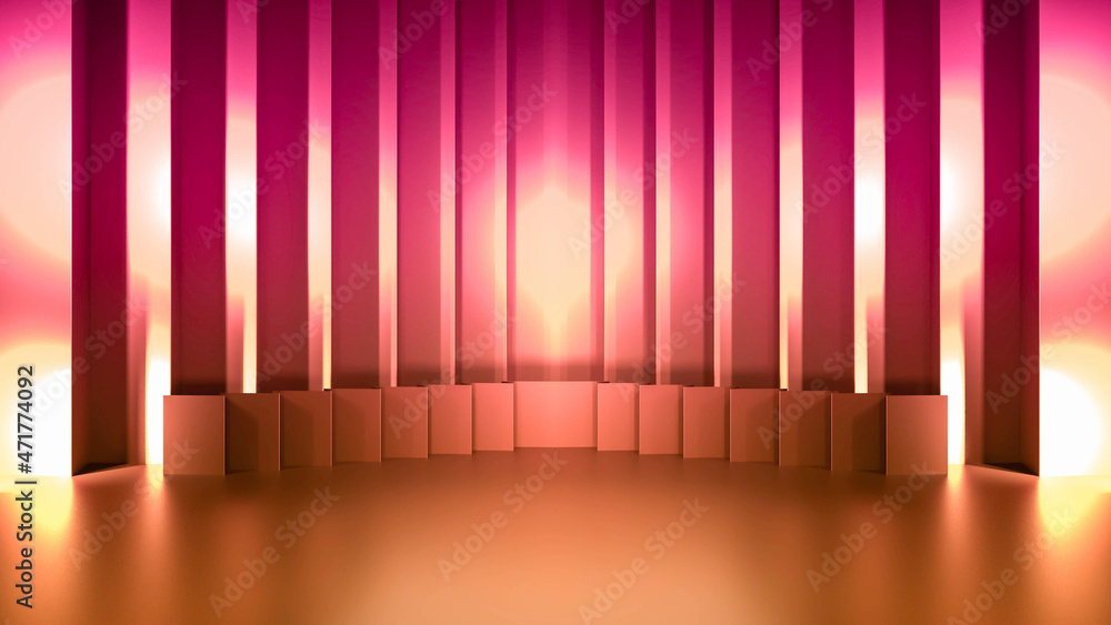 Golden podium and golden curtain with gold light on the stage 3D rendering