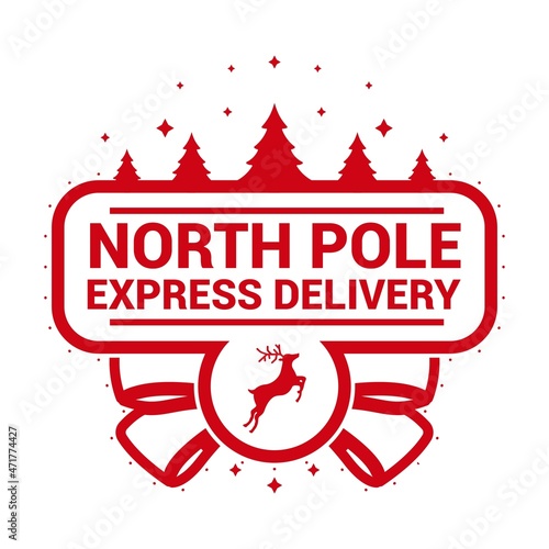 North pole express delivery- Christmas stamp design for handmade gifts and greeting cards. Xmas trees with stars, toy and reindeer. Vector illustration on white background.
