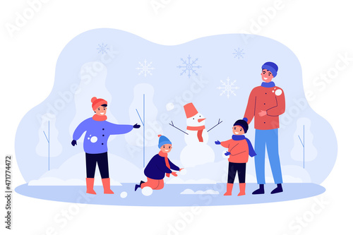 Father with children having snowball fight. Cartoon family playing with snow outdoor flat vector illustration. Winter activity, family time concept for banner, website design or landing web page © Bro Vector