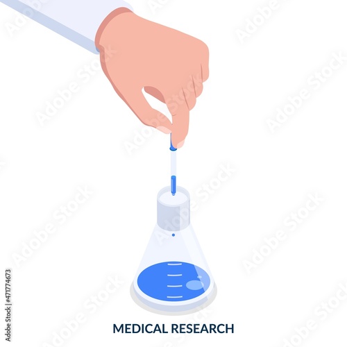Medical research concept. Human hand with a pipette and a flask with liquid. Vector illustration in isometric style on white background.