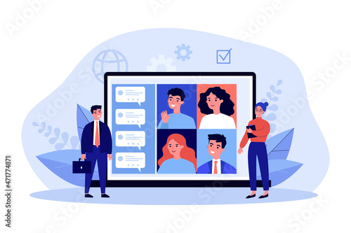 Tiny office workers communicating with employees online. People writing messages for employer using app flat vector illustration. Modern technology concept for banner, website design, landing web page