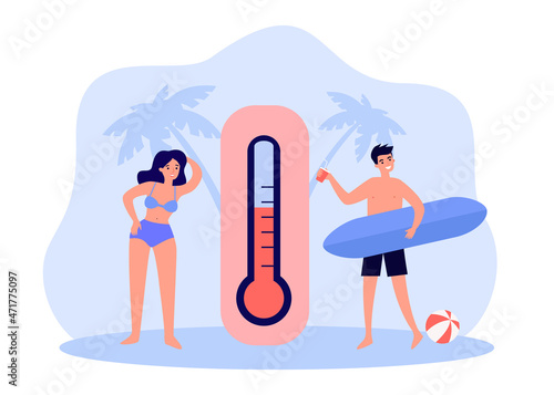Tiny people in beachwear standing near thermometer. Cartoon smiling couple in swimsuits having rest by seaside flat vector illustration. Summer concept for banner, website design or landing web page