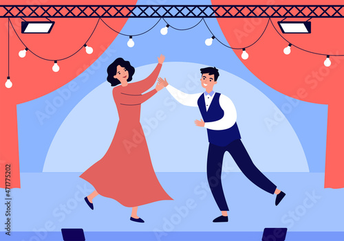 Male and female characters dancing on stage. Actor and actress giving performance in spotlight flat vector illustration. Show, entertainment concept for banner, website design or landing web page