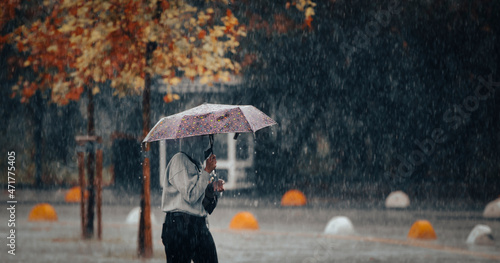 Photography woman holding umbrella walking in rainy weather