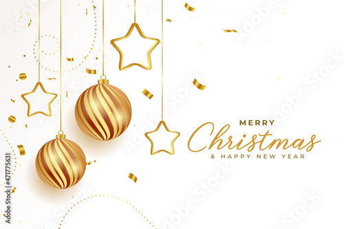 merry christmas celebration greeting with balls and golden stars