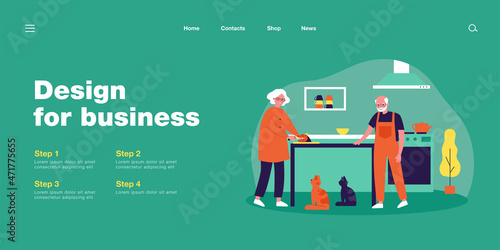 Happy grandmother cutting fish for cats in kitchen. Elderly couple with domestic animals, kitchen interior flat vector illustration. Pets, age concept for banner, website design or landing web page