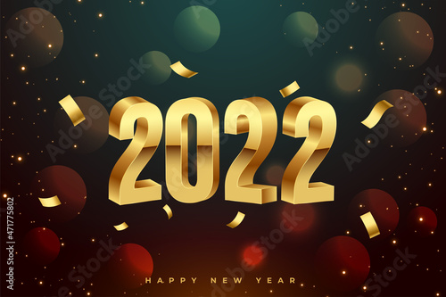 realistic happy new year 2022 golden 3d text with confetti background