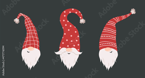 Cute gnomes faces in santa hats on black background. Scandinavian christmas elves. Vector illustration in flat cartoon style. Nordic element design for greeting cards, season greetings, web, wrapper.